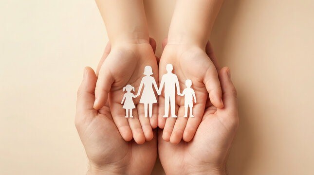 Hands of adults and children holding paper cutout family figures, symbolizing love, unity, and togetherness in a warm, nurturing environment