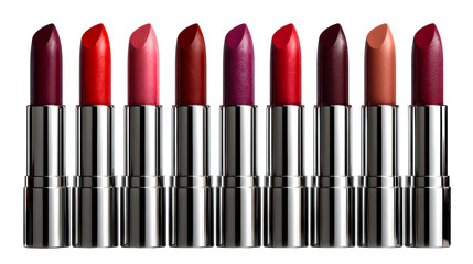 Collection of ten diverse lipstick shades with metallic silver cases presented in a row for cosmetic advertising and beauty product promotion