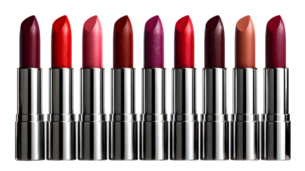 Collection of ten diverse lipstick shades with metallic silver cases presented in a row for cosmetic advertising and beauty product promotion