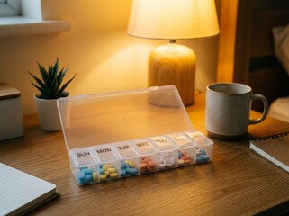 Weekly pill organizer with medication on a desk