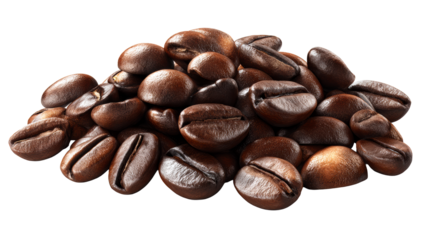 Pile of roasted coffee beans with rich brown color and deep crevices, perfect for use in beverage and food industry advertising and packaging.