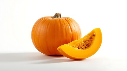 Whole orange pumpkin and slice with seeds on white background