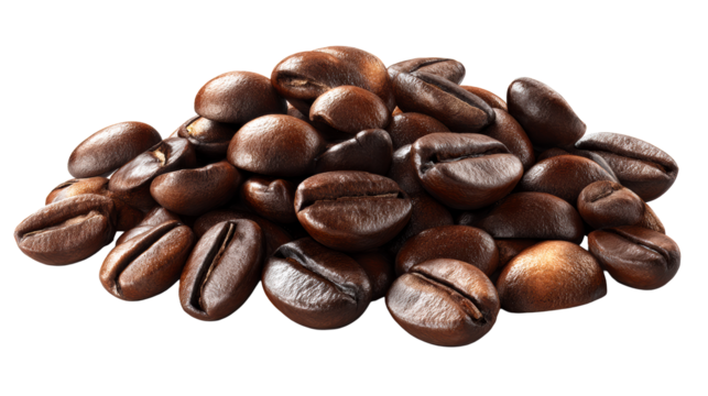Pile of roasted coffee beans with rich brown color and deep crevices, perfect for use in beverage and food industry advertising and packaging.
