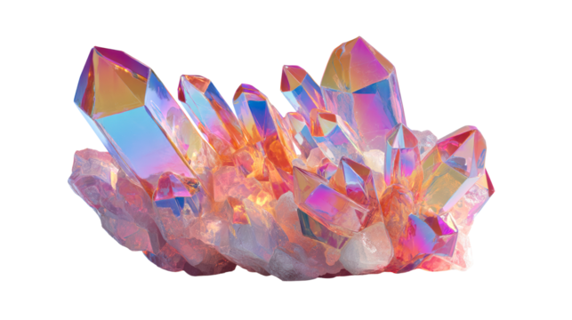 Iridescent crystal cluster with glowing facets, representing magic, energy, and natural wonder, perfect for healing and spiritual concepts.