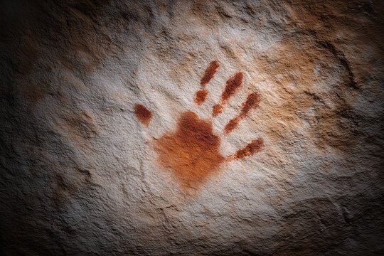 Red Handprint On Stone Wall. Prehistoric Cave Painting Concept For Ancient Human Expression - Powered by Adobe