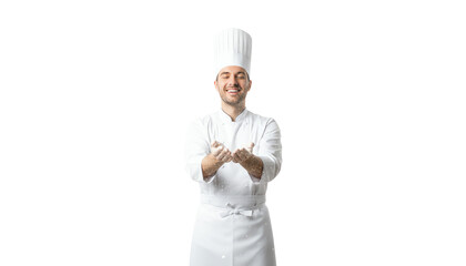Naklejka premium A cheerful chef in a white uniform and hat, presenting an inviting gesture, ready to serve delicious cuisine.