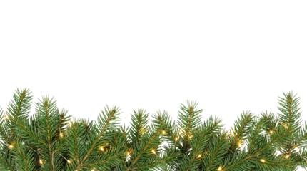 Horizontal festive border made of realistic green spruce branches adorned with soft glowing lights for holiday decorations and seasonal celebrations. Isolated on transparent background.