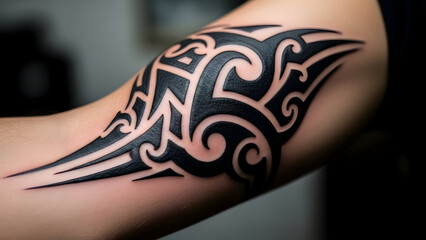 A close-up photo of a tribal arm tattoo showcasing bold lines, curves, and symbolic patterns