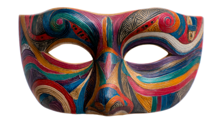 Intricately carved and vibrantly painted face mask with swirling colorful lines and textures, perfect for festive celebrations or cultural displays