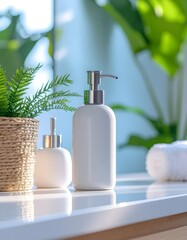 Serene Bathroom Still Life: White Soap Dispensers, Fern, and Rolled Towel in Soft Light