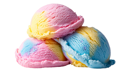 Three scoops of swirled pastel ice cream in pink yellow and blue colors stacked together for a refreshing summer treat or dessert promotion.