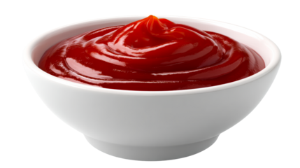 A vibrant swirl of rich red tomato ketchup fills a clean white bowl, perfect for food photography, recipe blogs, and culinary marketing materials.