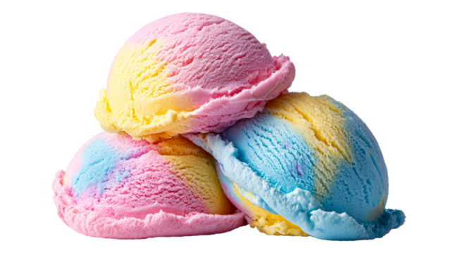 Three scoops of swirled pastel ice cream in pink yellow and blue colors stacked together for a refreshing summer treat or dessert promotion.