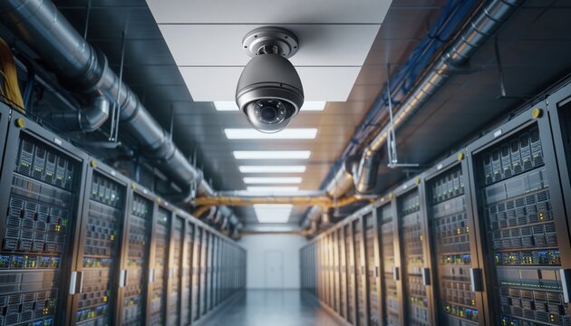 Dome security camera watching server racks in dimly lit data center hallway 