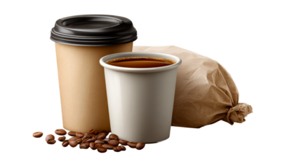 Two disposable coffee cups with coffee beans and a crumpled paper bag, perfect for cafe marketing, takeaway promotions, and breakfast advertising.