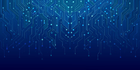 Blue circuit board technology background with connected lines and nodes
