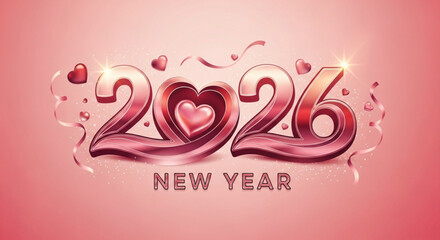 A romantic and glamorous 3D rendering of the numbers '2026' in shiny rose gold or pink metallic text, with a large heart incorporated into the number zero, surrounded by ribbons and smaller hearts