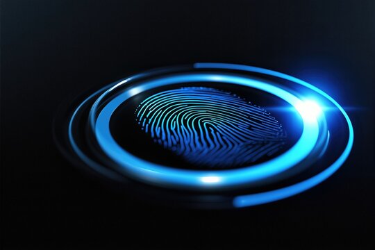 Blue Glowing Digital Fingerprint Scanner Interface. Futuristic Identity Security Concept