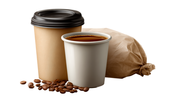 Two disposable coffee cups with coffee beans and a crumpled paper bag, perfect for cafe marketing, takeaway promotions, and breakfast advertising.