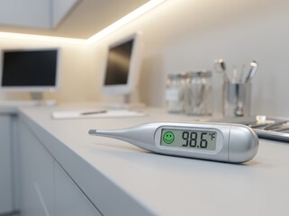 Digital thermometer displays a normal temperature reading on a desk