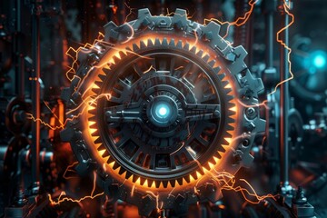Industrial gear mechanism with glowing energy flowing through it, generating lightning sparks