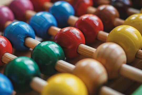 Wooden abacus with colorful beads is lying on a desk, representing learning math and finance