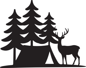 Naklejka premium silhouette illustration featuring a deer standing gracefully beside a cozy camping scene