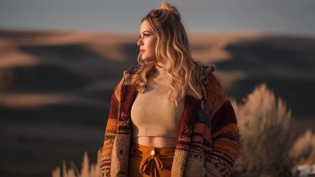 A woman stands in a desert landscape at sunset, wearing a beige knit top, rust-colored pants, and a cozy patchwork coat.