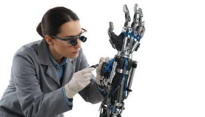 Engineer inspecting and repairing a robotic hand during development, showcasing innovation and advanced technology.