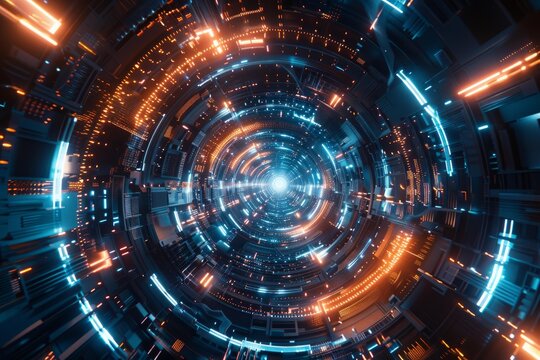 Abstract digital tunnel with neon lighting, representing advanced tech and data travel