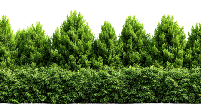 Vibrant green manicured hedges and evergreen trees form a lush natural wall for landscaping and garden design projects