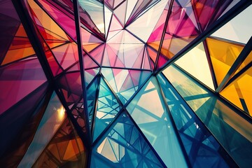 Modern building exterior featuring a geometric pattern of triangular glass panels in vibrant colors
