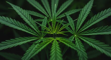 Close up of a vibrant green cannabis plant leaf structure.
