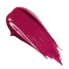 Viscous, glossy deep magenta liquid lipstick stroke with distinct brush marks, diagonally on transparent background, soft shadows, copy space, concept for cosmetic advertising.