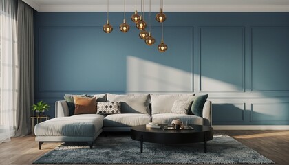 Modern Living Room Interior: The image depicts a modern living room interior, complete with stylish furniture, elegant lighting, and tasteful decor. The room's focal point is a comfortable sofa.