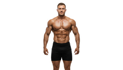 Muscular male model posing confidently, showcasing an athletic physique against a white isolated background.