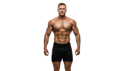 Muscular male model posing confidently, showcasing an athletic physique against a white isolated background.