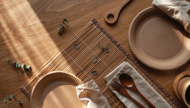 Eco-friendly table setting: An inviting wooden table is carefully arranged with eco-friendly plates, utensils, and napkins, bathed in the warm embrace of sunlight.