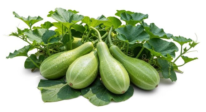 Fresh bottle gourd lauki vegetable with green leaves isolated on white bg