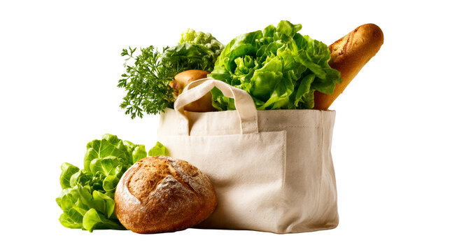 Fresh organic produce including lettuce, carrots, potatoes, and a baguette in a canvas grocery bag for healthy food shopping and sustainable living.