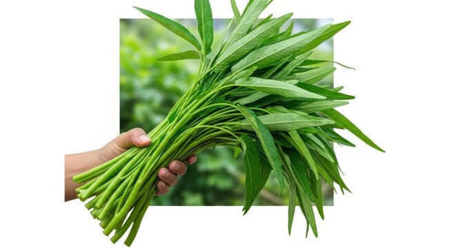 Fresh green water spinach kangkong bunch held in hand isolated on white bg