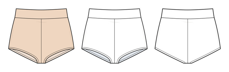 Vintage High-Waist Compression Boyshorts Technical Fashion Illustration. Women’s Underwear Vector Template. Front and Back Views. Smooth Seamless Panty Silhouette. Skin tone. CAD Mockup Set.