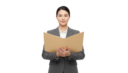 Professional woman holding a folder, wearing a suit with a confident expression.