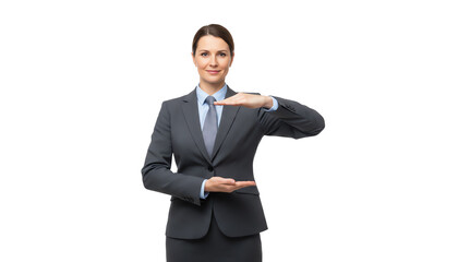Professional woman in a business suit demonstrating a gesture of balance against a white isolated background.