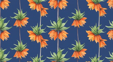 Seamless pattern of imperial fritillary flowers on a dark blue background.