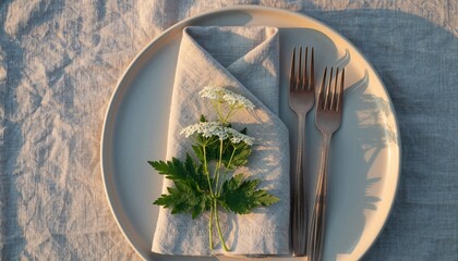Elegance on the Plate: A finely set dining arrangement features a folded napkin adorned with fresh foliage, elegantly paired with forks on a pristine plate. Evoking a sense of refinement.
