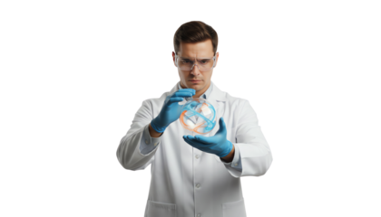 Scientist in lab coat examines petri dish with a serious expression, isolated on white background.