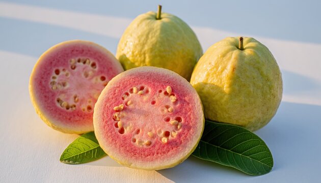 Tropical Guavas: The luscious freshness of ripe guavas, their vibrant pink and green hues enhanced by natural light, offer a tantalizing glimpse of tropical delight.