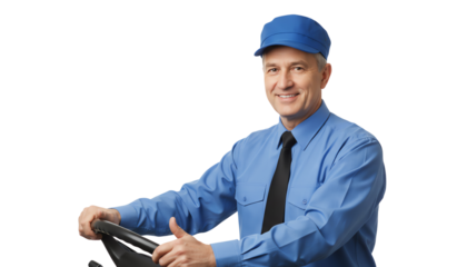 Smiling male worker in blue uniform and cap, holding steering wheel, isolated on white background.