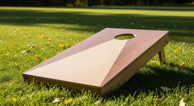 Wooden cornhole board placed on grass in sunny outdoor setting  